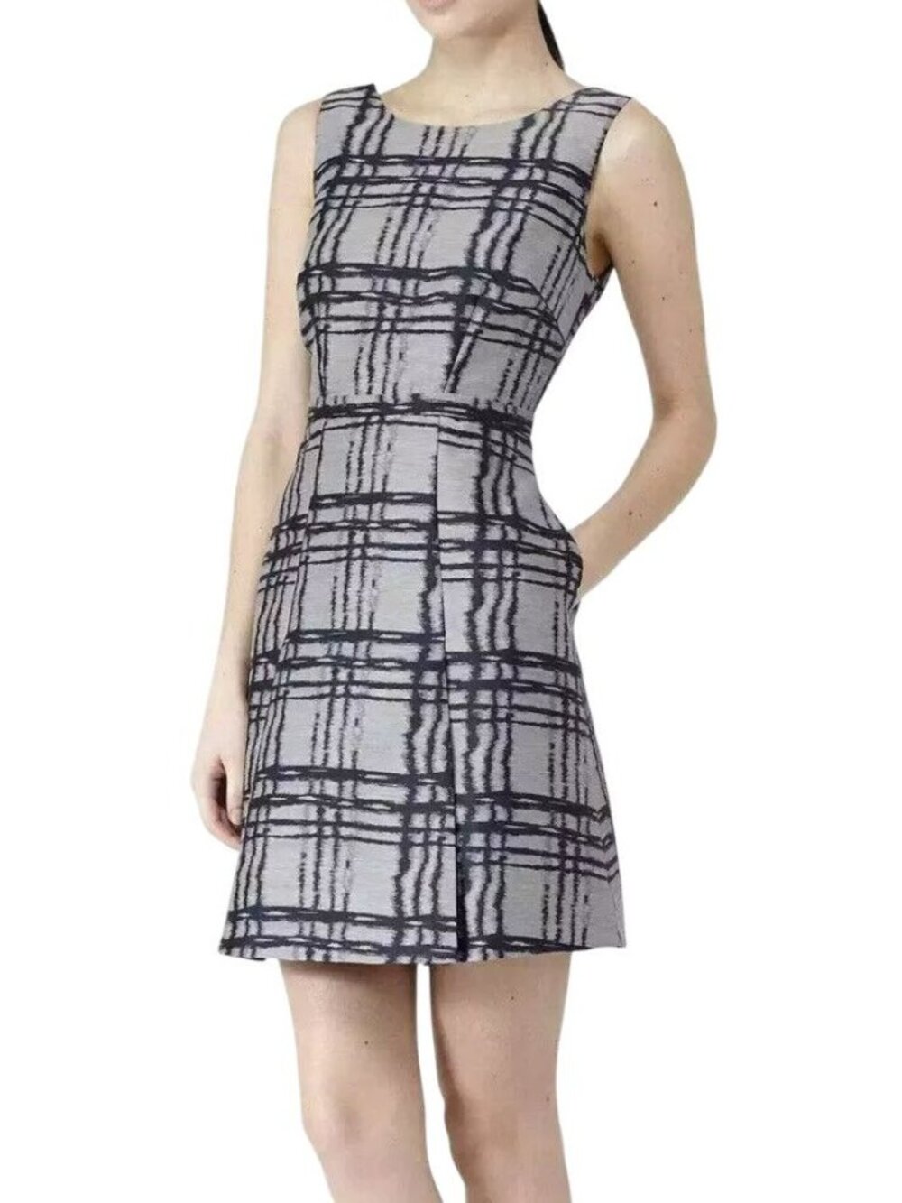 Reiss Size 8 Gray Navy Check Peron Sleeveless Round Neck Fit & Flare Mini Dress